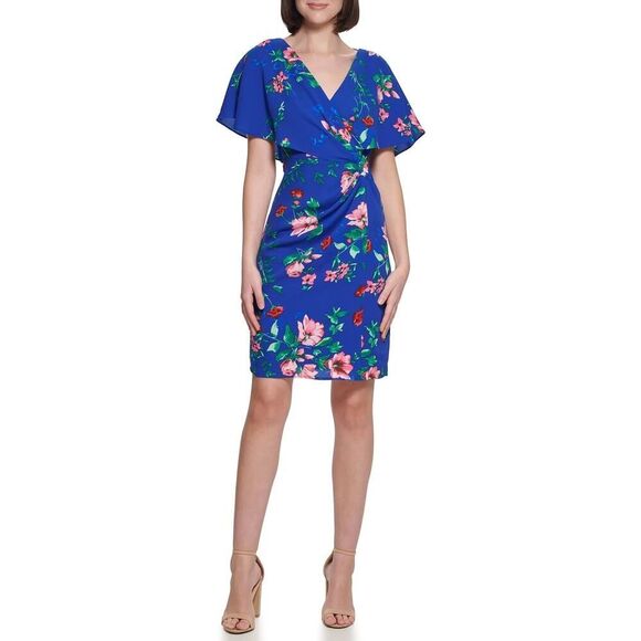 kensie Shift Dress Women's Plus 14 Blue Floral Short Sleeve Wrap Style NWT - Picture 1 of 11
